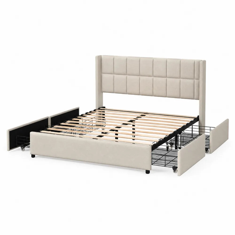Cama de tela poliéster beige con almacenamiento 160x200 cm