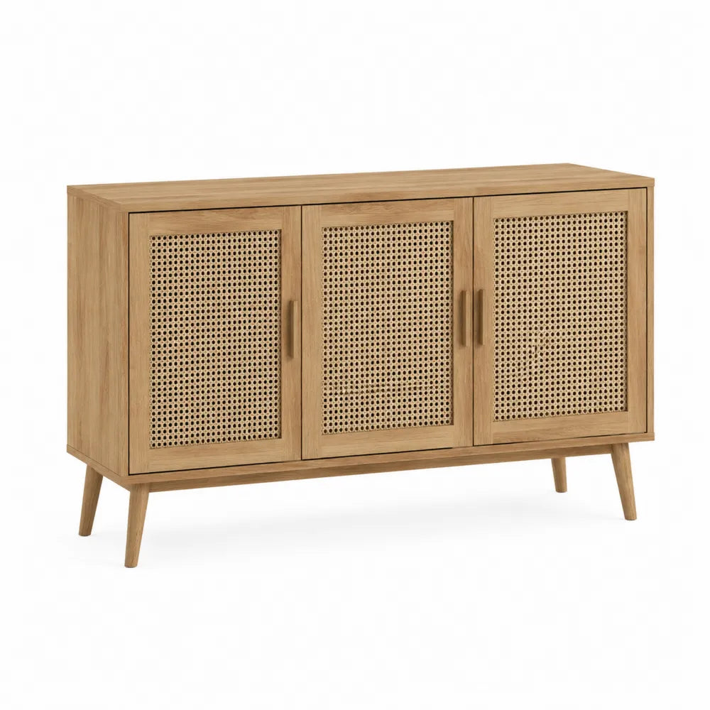 Aparador de madera de roble con puertas de ratán 150x40x85 cm