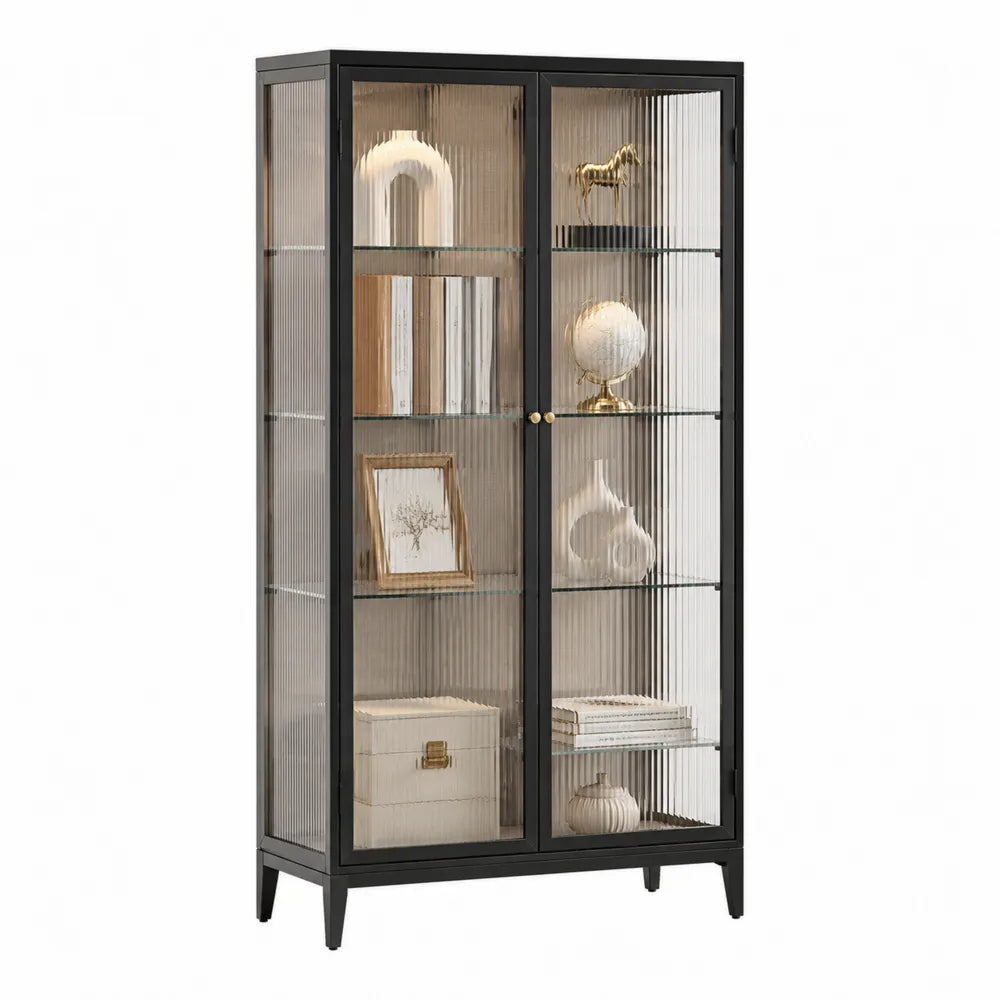 Vitrina de metal negro con puertas de vidrio templado estriado 180x90x40 cm