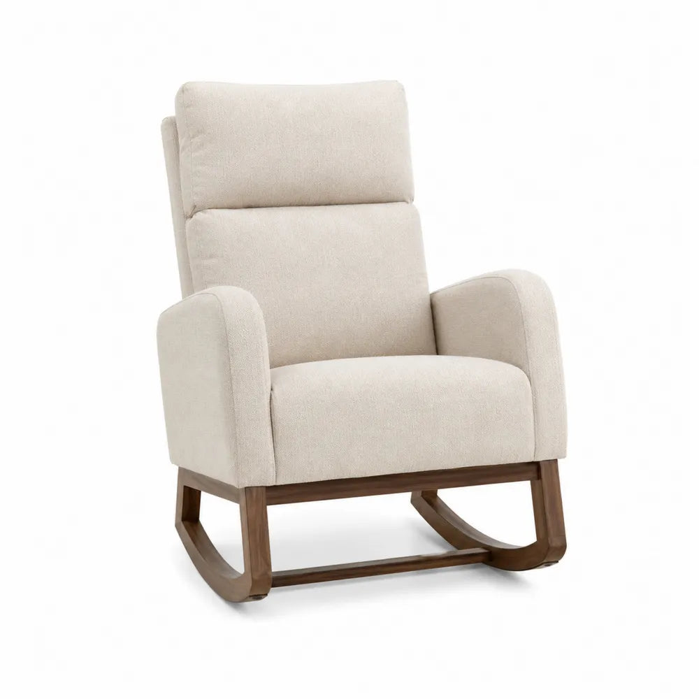 Sillón mecedora de tela con marco de madera