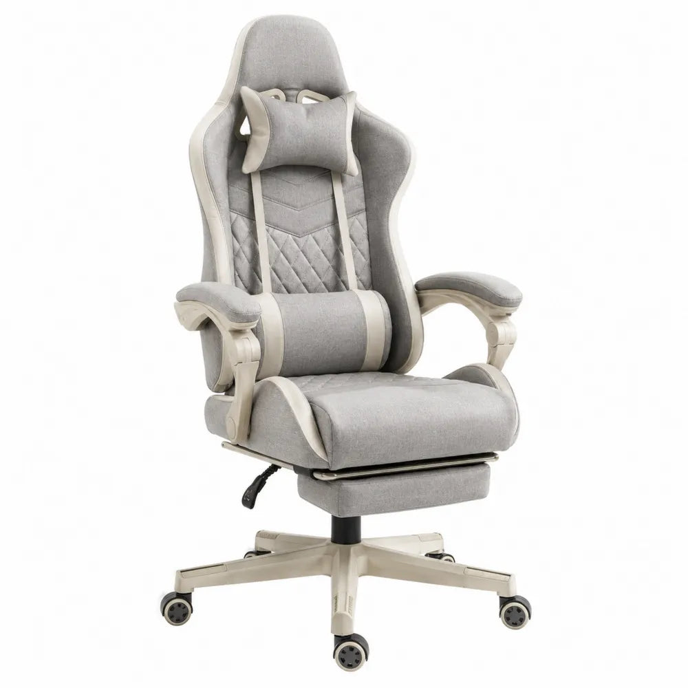 Silla de oficina de poliéster gris claro con reposapiés y cojines