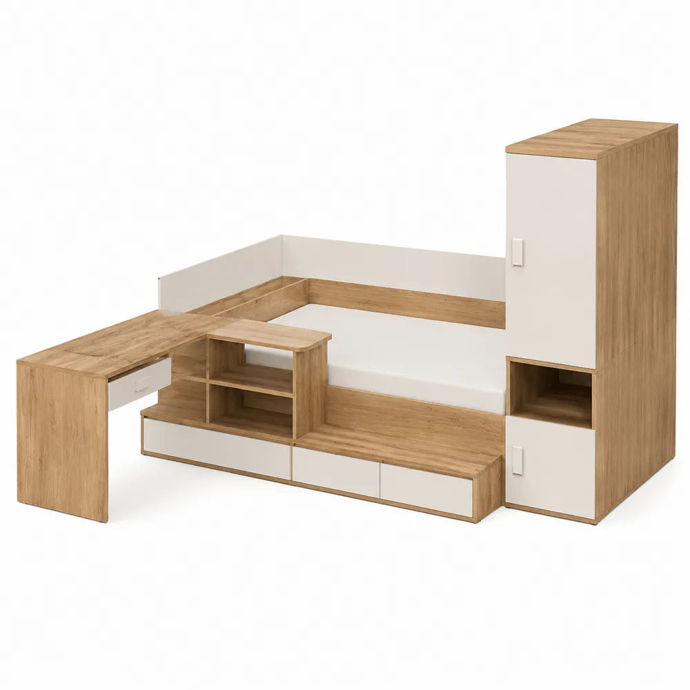 Cama nido con escritorio y estantería de MDF roble y blanco 200x90 cm