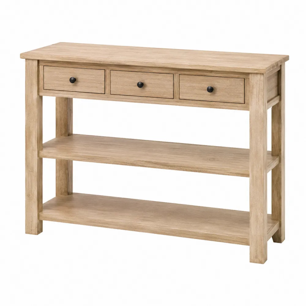 Mesa consola de madera de pino con 3 cajones y 2 estantes