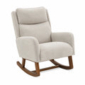 Sillón mecedor de tela beige con estructura de madera de nogal