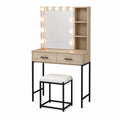 Tocador de MDF con espejo LED y taburete blanco, estructura metálica negra
