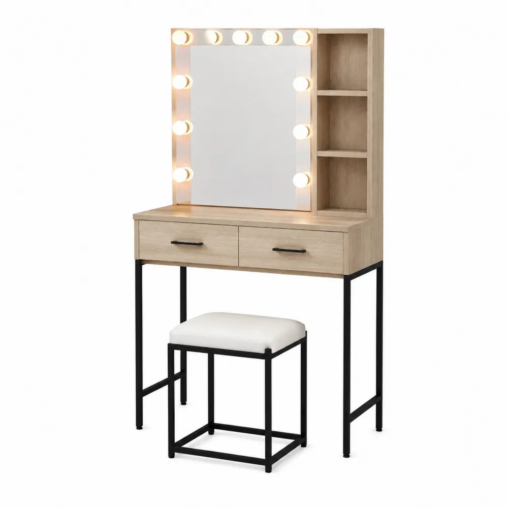 Tocador de MDF con espejo LED y taburete blanco, estructura metálica negra