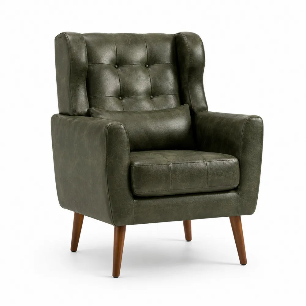 Sillón de cuero sintético verde con patas de madera