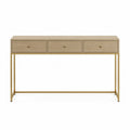 Mesa consola de madera clara y metal dorado con tres cajones
