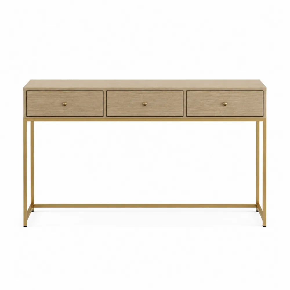 Mesa consola de madera clara y metal dorado con tres cajones