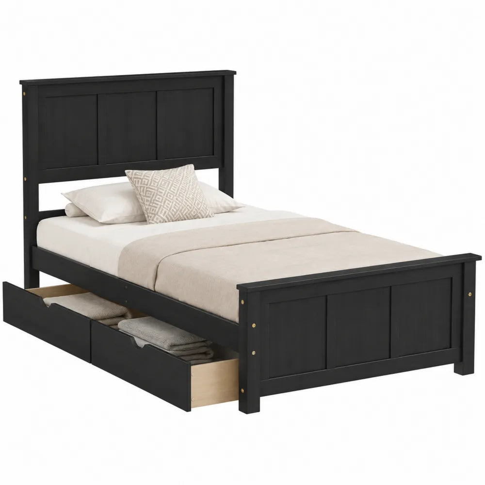 Cama individual de madera negra con almacenamiento de 200x100 cm