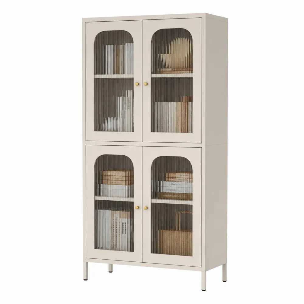 Librería de metal con puertas de vidrio estriado 180x80x40 cm beige